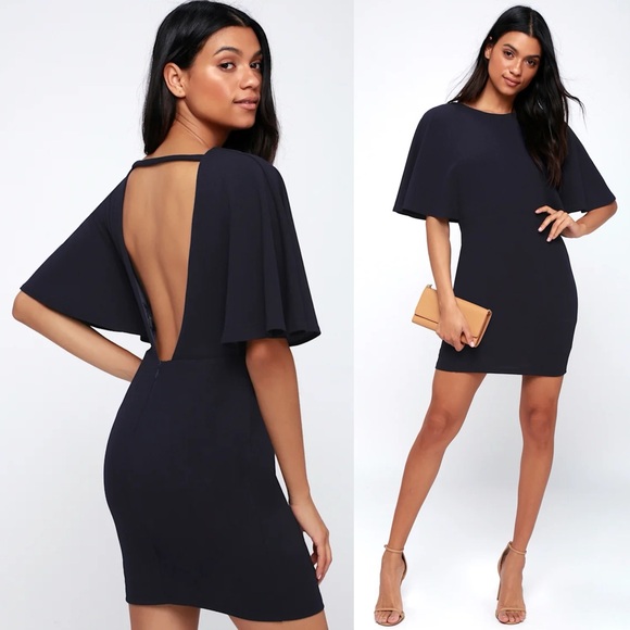 LULUS HERE'S TO YOU NAVY BLUE BACKLESS MINI CAPE SLEEVE DRESS - Picture 1 of 15